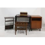 Upholstered square topped stool on mahogany frame, squat bun feet, oak luggage rack, two tier