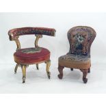 Victorian woolwork tapestry armchair with overset curved shoulderboard and curved stump cabriole