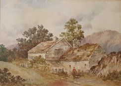 Attributed to Andrew Deakin (fl. 1856-1869) Watercolour Study of figure outside cottage, bears