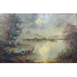 Continental school (20th century)  Oil on canvas  Figure in boat by lake, indistinctly signed