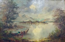 Continental school (20th century)  Oil on canvas  Figure in boat by lake, indistinctly signed