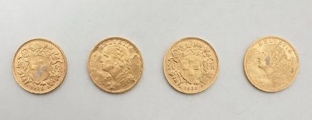 Four 1935 Swiss 20 Franc gold coins (4)