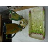 Group of English majolica and majolica-style wares to include two corn cobb-moulded jugs, an