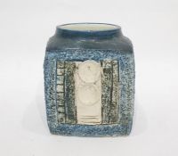 Troika square-section vase with incised decoration, on a blue ground marked 'Troika/Cornwall', '