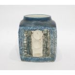 Troika square-section vase with incised decoration, on a blue ground marked 'Troika/Cornwall', '