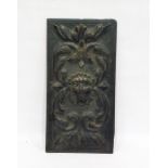 Carved wood rectangular panel with a lion's mask issuing acanthus scrolls and foliate ornament,