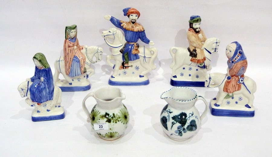 Various items of Rye pottery to include five equestrian figures from the Canterbury Tales Series and