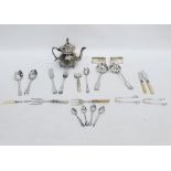 Various silver plate including teapot with repousse decoration, eagle finial to cover, pair of