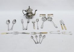 Various silver plate including teapot with repousse decoration, eagle finial to cover, pair of