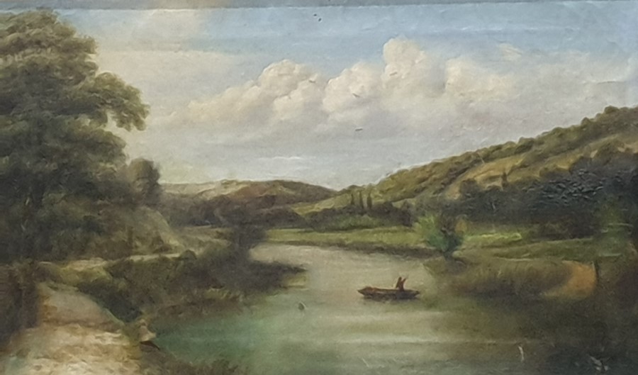 Watercolour drawing  Sheep and shepherd, initialled 'DD' lower right Oil on canvas River scene