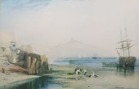 Colour print Children on beach with castle on hill in background