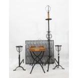 Pair of iron andirons, stand and lamp and tray on folding stand (5)