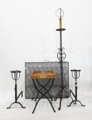 Pair of iron andirons, stand and lamp and tray on folding stand (5)