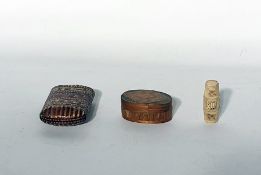 Two straw boxes and carved bone prisoner of war pierced barrel containing miniature dominoes