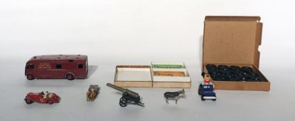 Quantity of diecast vehicles, bezique game, reversible chess and draughts pieces and similar