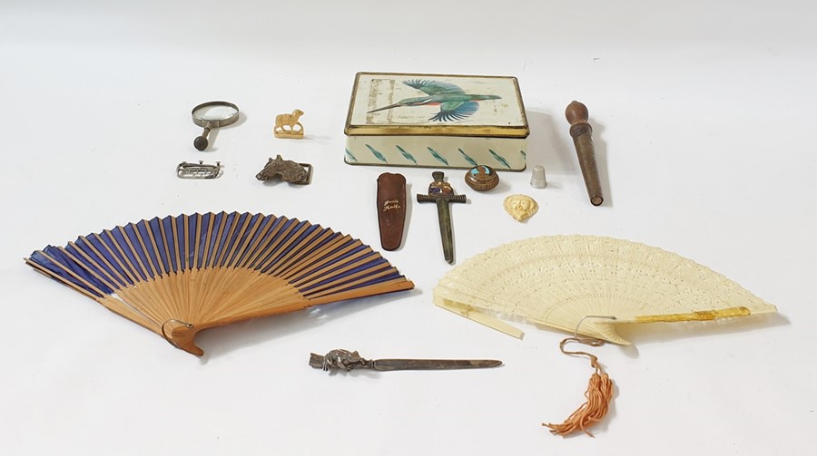Quantity of vintage buttons, a magnifying glass, two fans and other items