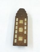 An Anglo-Indian carved wood cribbage board inlaid with bone panels carved with figures, mounted on a