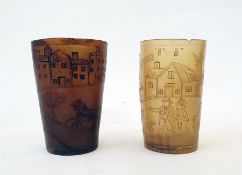 19th Century incised horn beaker decorated with scene of coach and horses and buildings and 19th