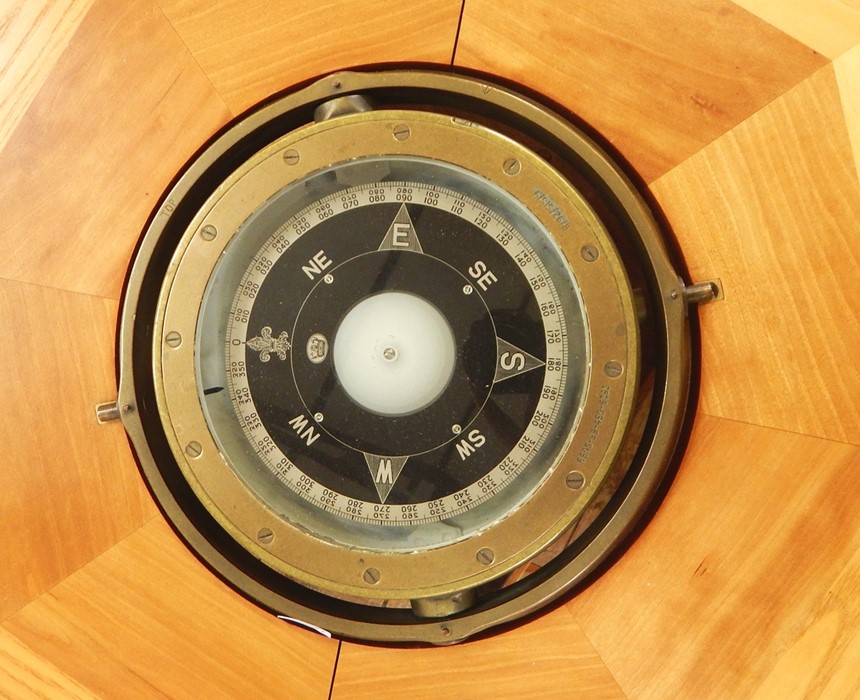 A brass ship's gimbal compass inscribed "6605-99-460-6393 R/92/SIS/9" fitted to later octagonal - Image 2 of 2