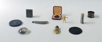 Quantity of miniature compasses, sundry fobs, other medallions, glass scent bottle and other