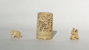 Oriental carved and pierced ivory vase, figure and tree decorated, carved ivory netsuki in the