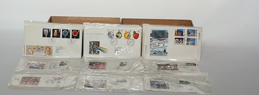 Box of duplicate decimal and silk First Day Covers and commemoratives, about 80 and a box of