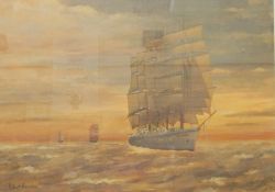 Oil on board Robert Bareden Tall-ship at sea 24 x 33 Watercolour Naval ship, unsigned (2)