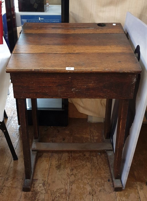 Vintage oak school desk with ink holder and pencil scoop, 84 cms at highest point