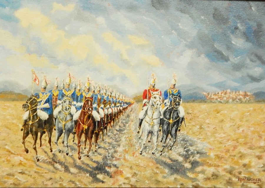 Oil on board Ron Richer Study of cavalry together with further oil of Fighter aircraft (2)
