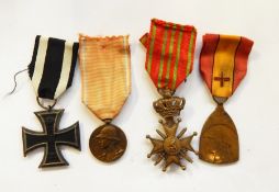 German WWI Iron Cross, Belgium Croix de Guerre and Wounded medal. French commemorative Verdun medal