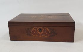 An Edwardian wooden marquetry jewellery box and hinged cover, inlaid with foliate scrolls, enclosing