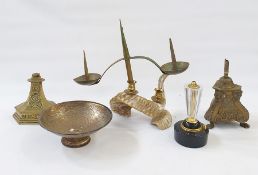 A brass hexagonal section base inscribed AVECRUX SPESURICA, a horn and brass mounted candleabra,