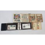 Rowlan postage stamp album circa 1900 with a few stamps, album of World First Day Covers, stock book