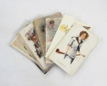 Three boxes of assorted postcards to include portrait studies and rural scenes, comical postcards,