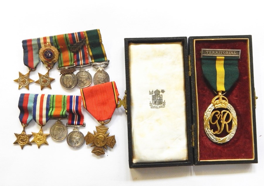 WW II medal group, two miniature medal groups and a cased Territorial medal