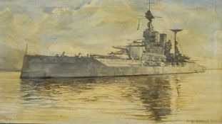 Oil on canvas Peter Hawes  HMS Barham signed lower left, 34 x 89 cms