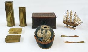 World War I trench art including German POW box, two WWI Christmas tins , German helmet and foil