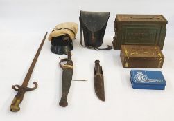 Early 19th century bayonet, gas mask, WWII ammunition box, life boat ration biscuit tin, unopened