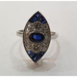 Victorian style platinum, sapphire and diamond ring, marquise-shaped, having central oval sapphire