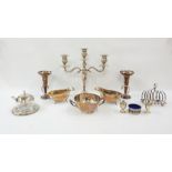 Pair of silver-plated gravy boats, a pair of silver-plated posy vases, a two-branch candelabra, a