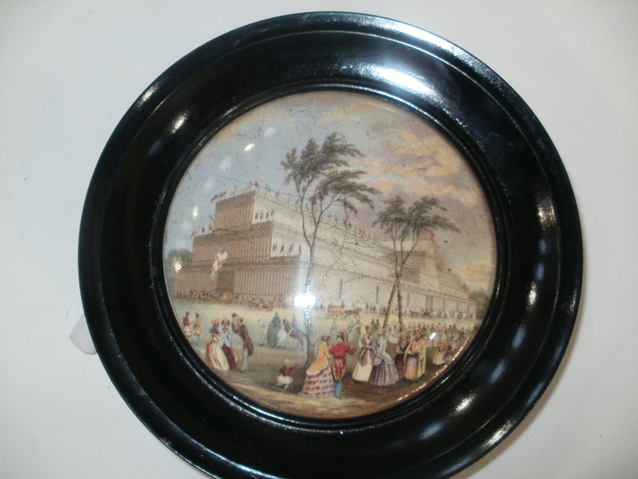 Prattware lid showing the Crystal Palace, within ebonised circular frame, pair of brass - Image 6 of 6