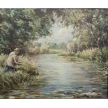 Barrington Browne  Oil on board  "Trout Fishing, River Colne, Gloucestershire (1951)", signed