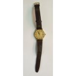 Gent's Omega De'Ville chronometer gilt metal pocket watch with calendar aperture, on brown strap