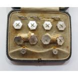 Set of 18ct and 9ct gold and mother of pearl cufflinks and dress studs, each hexagonal and with