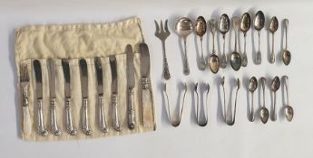 Assorted silver flatware to include teaspoons, sugar nips, silver-handled knives, etc, approx 10ozt