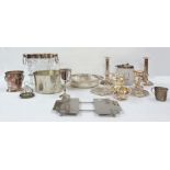 Quantity of silver-plate including ice bucket, biscuit barrel, glass and plated ice bucket, glass