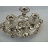 Victorian silver inkstand, with central candle holder, the central taper stick flanked by a pair