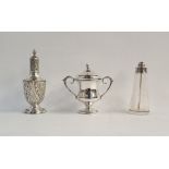 Edwardian silver pepperette, Birmingham 1904, a small silver-covered trophy cup, a glass phial