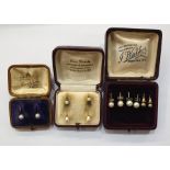 Pair cultured pearl stud earrings, pair faux pearl pendant drop earrings, gold coloured metal in