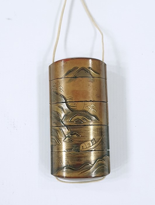 Japanese lacquer five-section inro, gilt ground with lakeside landscape decoration and a junk, 9.5cm